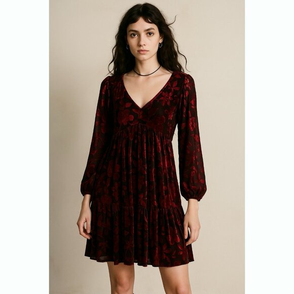 Taylor Red Velvet Burnout Floral Y2K Dress Sz 16 Whimsigoth Witchy Fairy Grunge - Picture 1 of 12